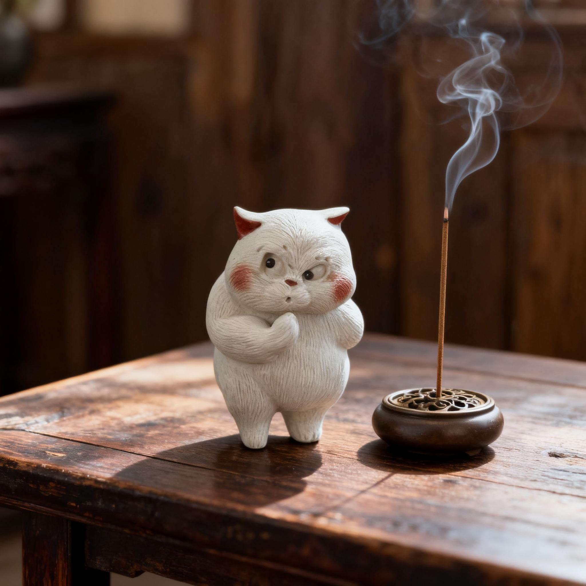 Witty Cat with a Knife Hidden Behind Tea Pet